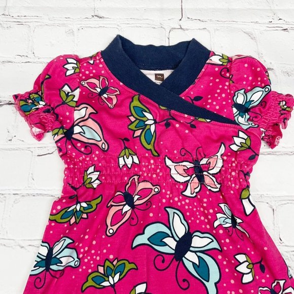 Tea Collection Butterfly Print Wrap Neck Dress 12-18 Months Pink Blue Multi - Picture 3 of 8